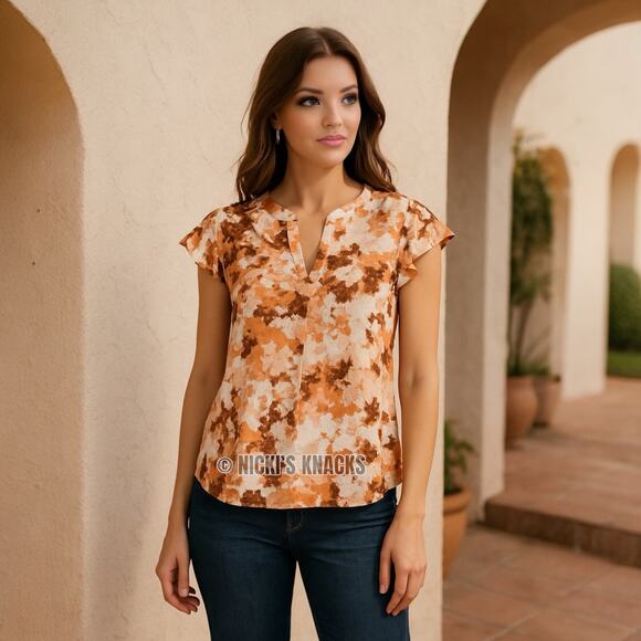 Calvin Klein Orange Floral Crepe Blouse Flutter Sleeves Split Neck Top Size S - Picture 1 of 10
